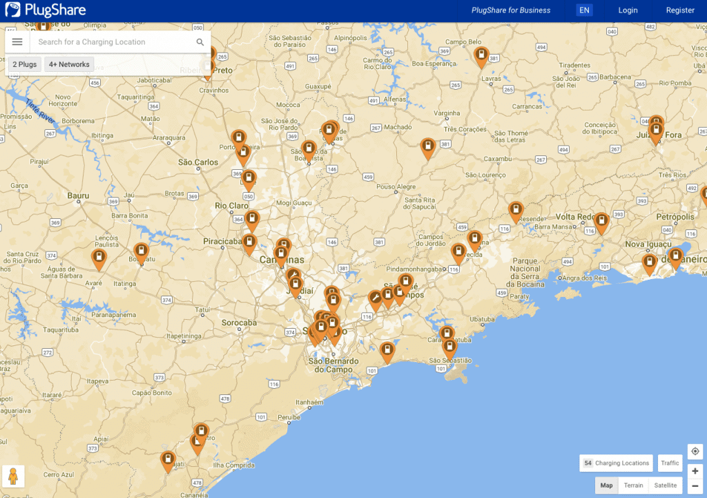 Lista de carregadores rápidos no estado de São Paulo (Imagem: reprodução/PlugShare)