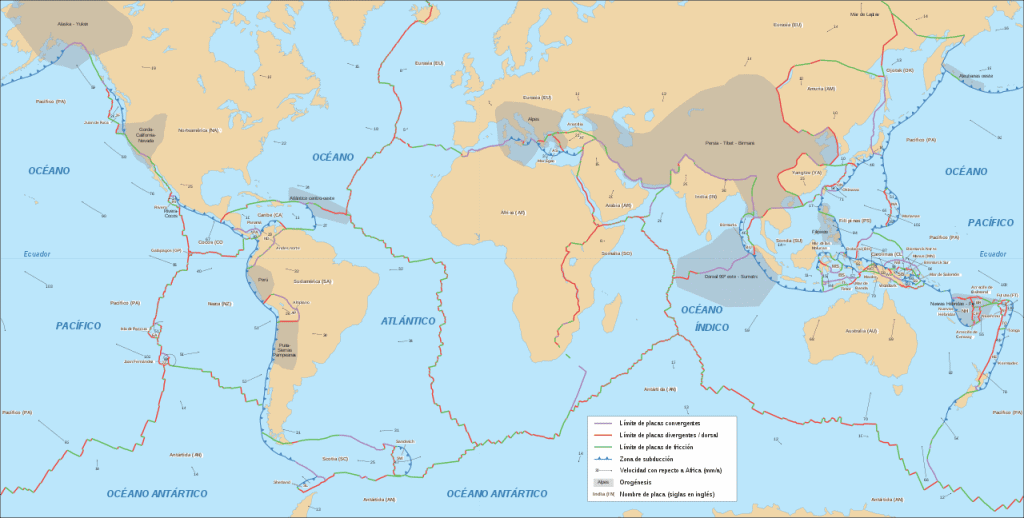 Mapa mundi com placas tectônicas demarcadas