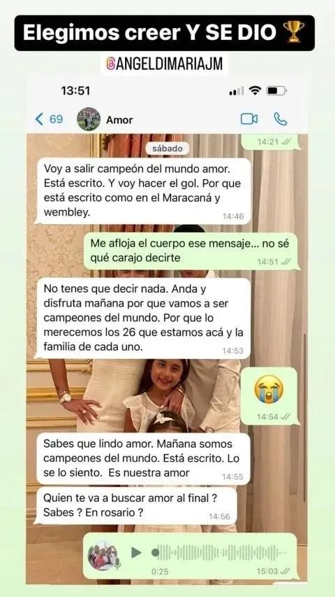 Mensagem de Di María para a esposa no WhatsApp. Imagem: Reprodução/Instagram