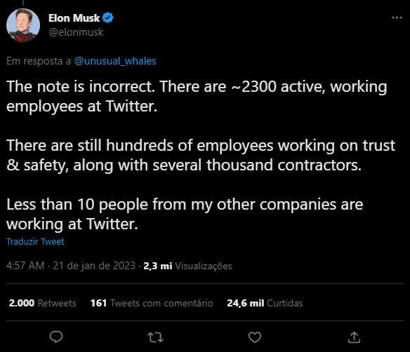 Elon Musk diz que Twitter tem 2.300 funcionários
