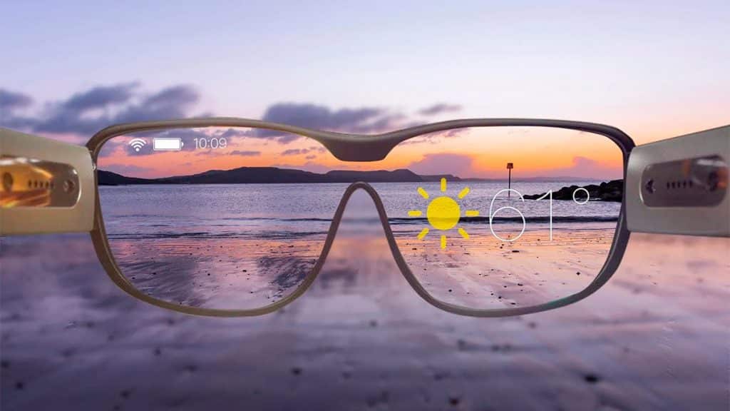 Ideia de óculos inteligente apontado para uma praia