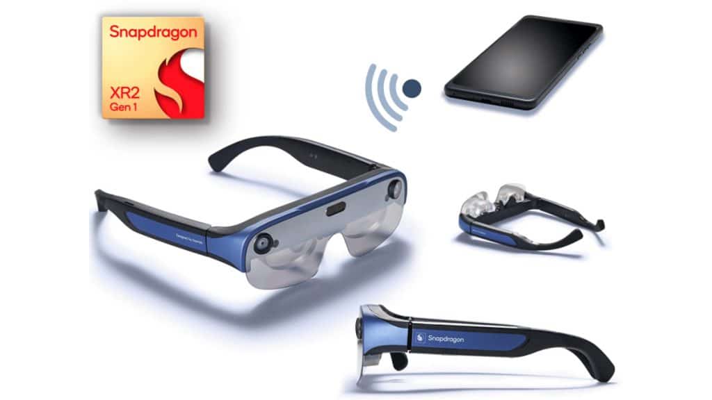 Protótipo de óculos inteligentes da Qualcomm visto de vários ângulos
