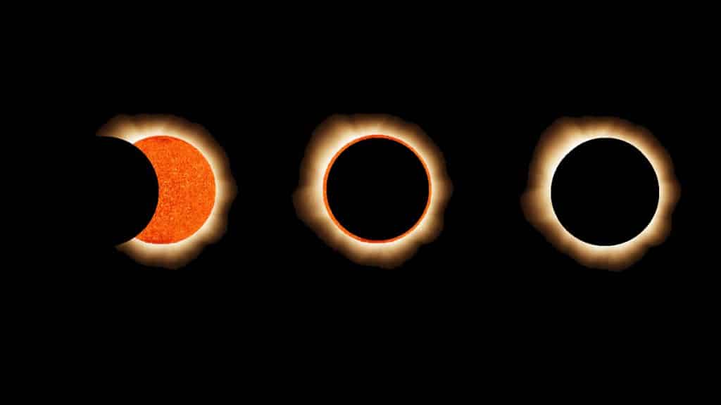 Montagem com três tipos de eclipse solar