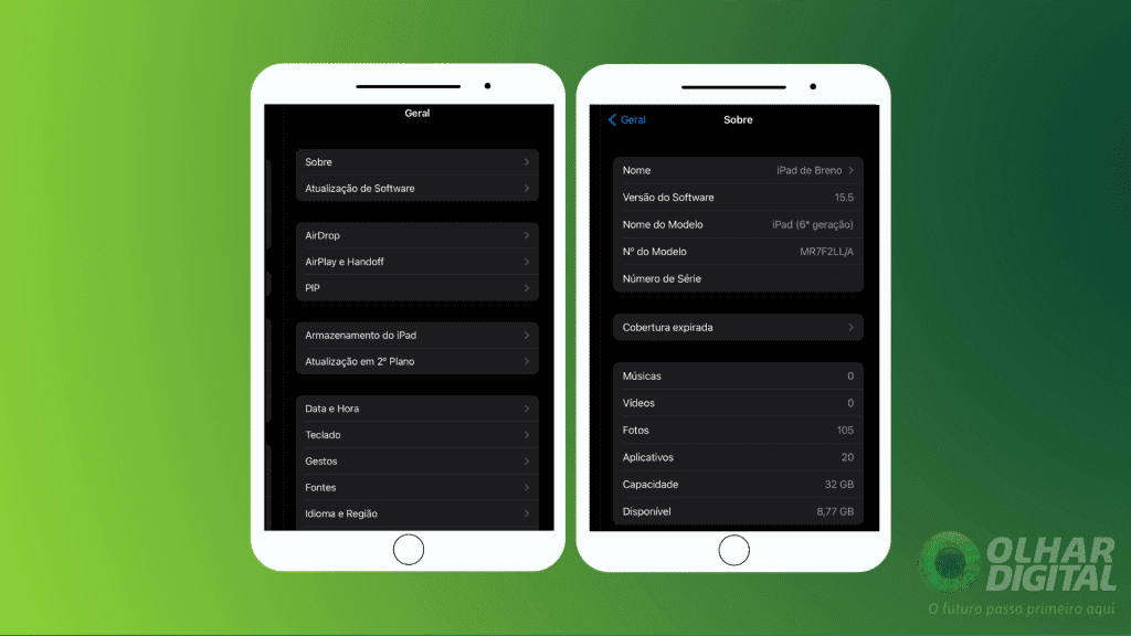 É possível saber qual é o modelo do seu iPad acessando o app Ajustes.
