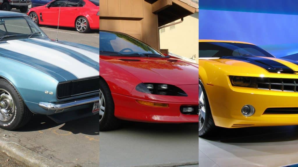Frente de modelos de três gerações do Camaro