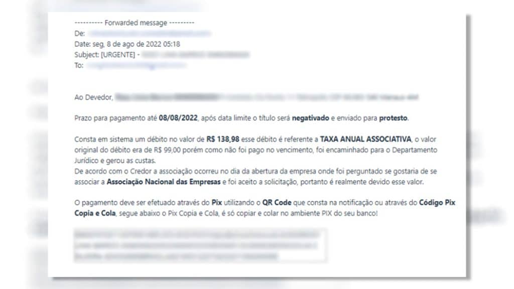 Print de e-mail com golpe de falsa taxa associativa contra MEI
