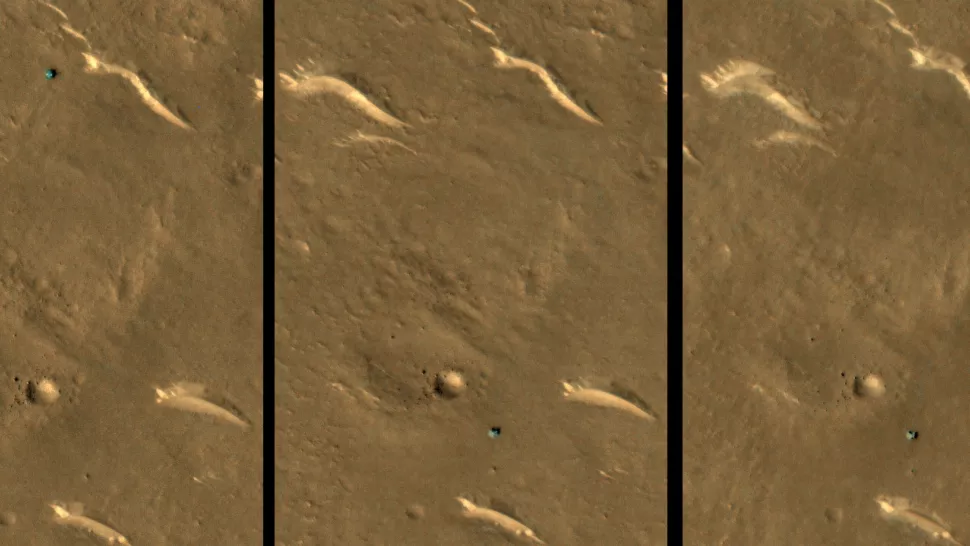 O rover Zhurong em três momento difernte (Credito: NASA/JPL-Caltech/UArizona)