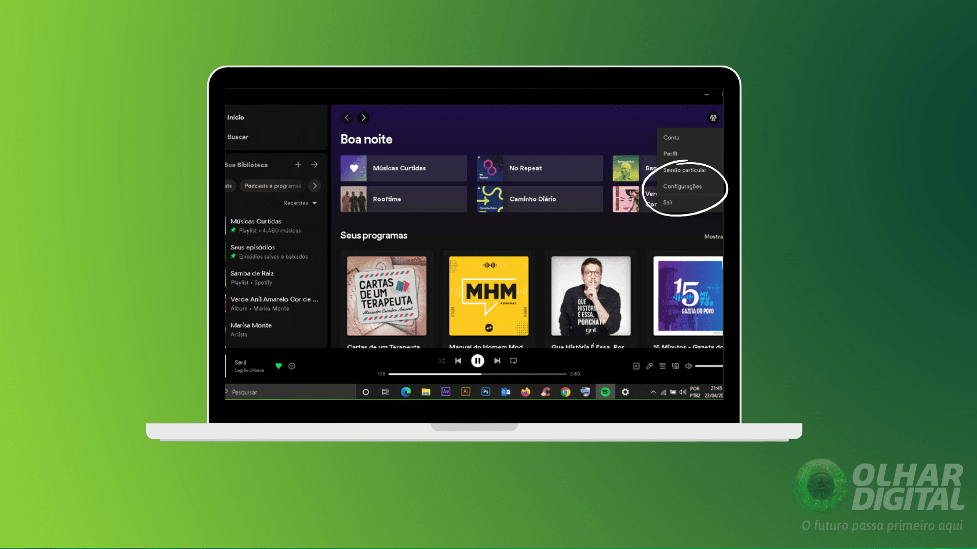 Acessando as configurações do Spotify