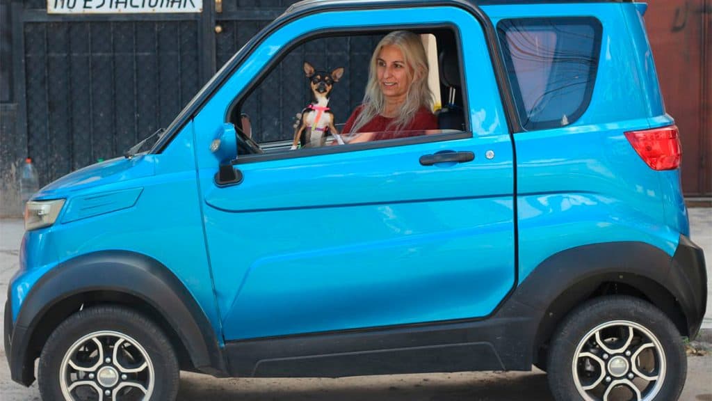 Mulher e cachorro dentro de minicarro elétrico boliviano