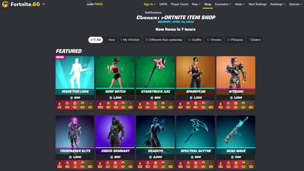 Fortnite.GG mostrando a loja de Fortnite