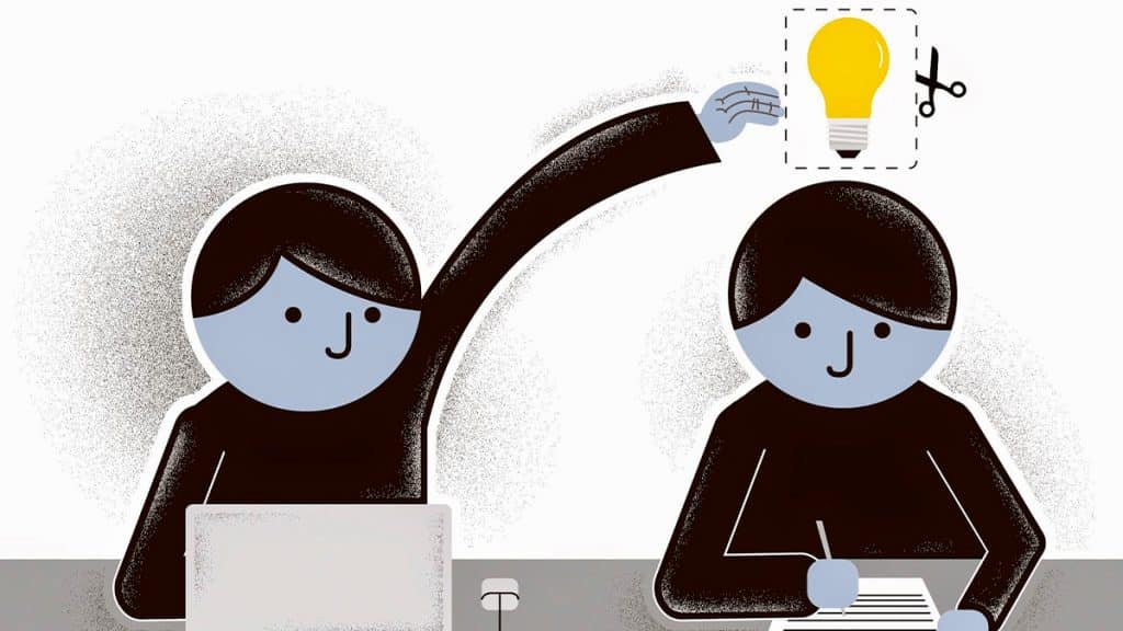 Ilustração de uma pessoa roubando ideia de outra que está do seu lado