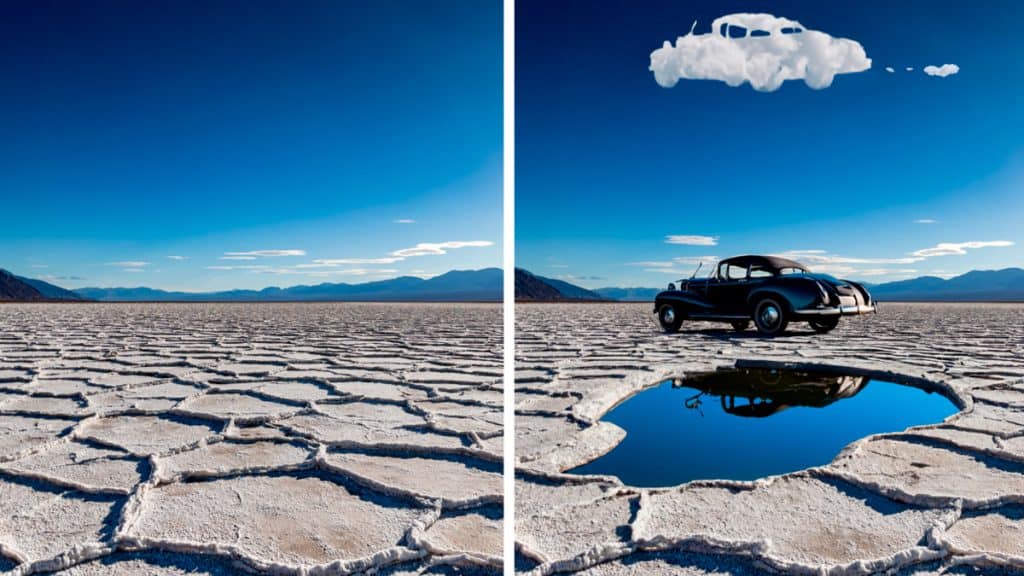 Montagem com imagem original e imagem com elementos acrescentados por meio de inteligência artificial no Photoshop