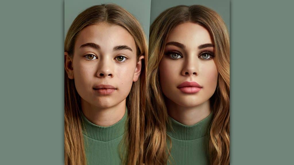Montagem com imagem original de menina e imagem dela com filtro de beleza