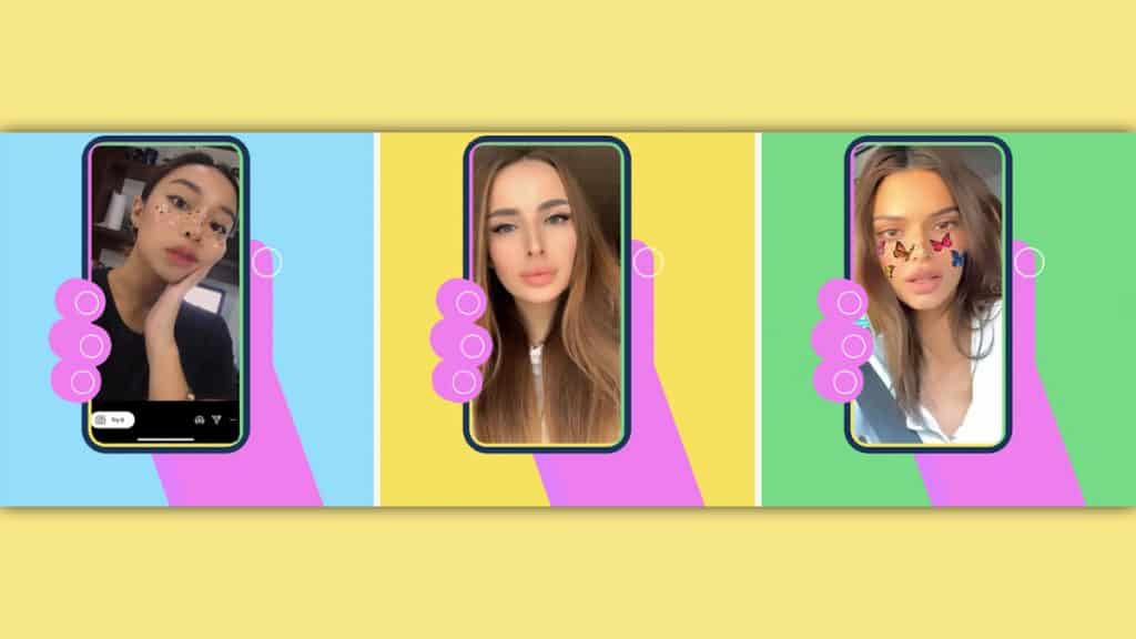 Ilustração e montagem com três imagens com filtros de moças em celular no modo selfie