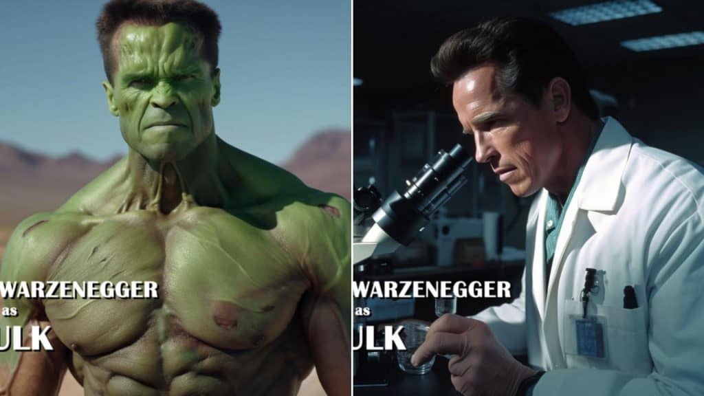 Montagem de imagens de Arnold Schwarzenegger como Bruce Banner e Hulk nos Vingadores dos anos 90