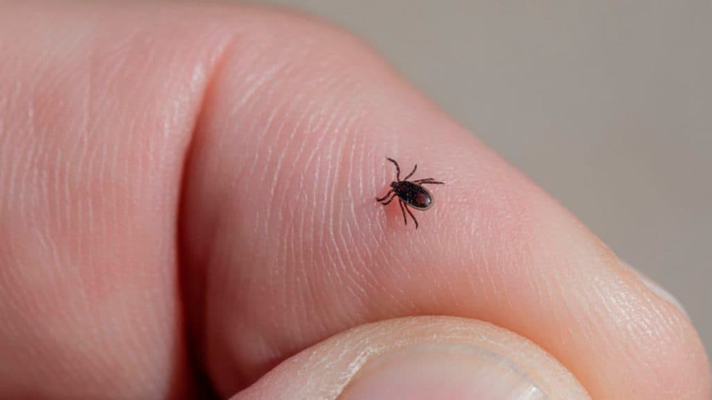 Carrapato que passa febre maculosa no dedo de uma pessoa
