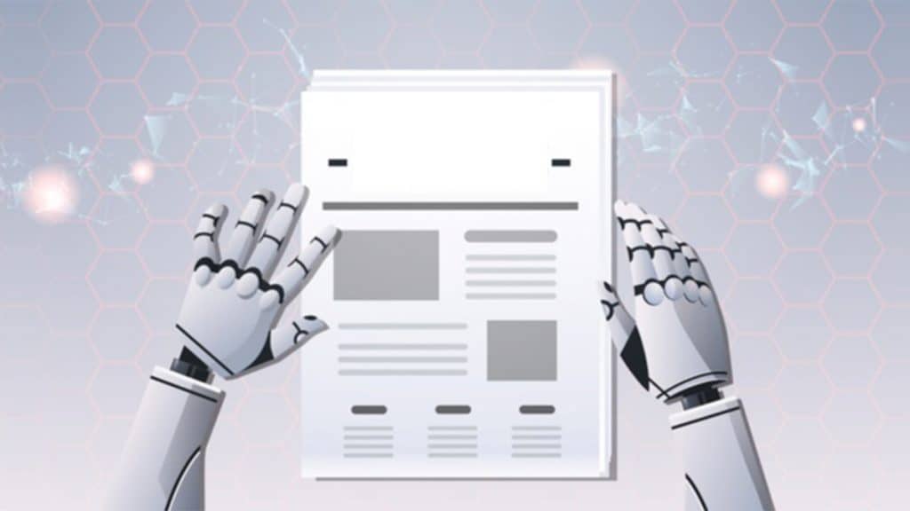 Mãos robóticas segurando jornal para ilustrar a imprensa e inteligência artificial