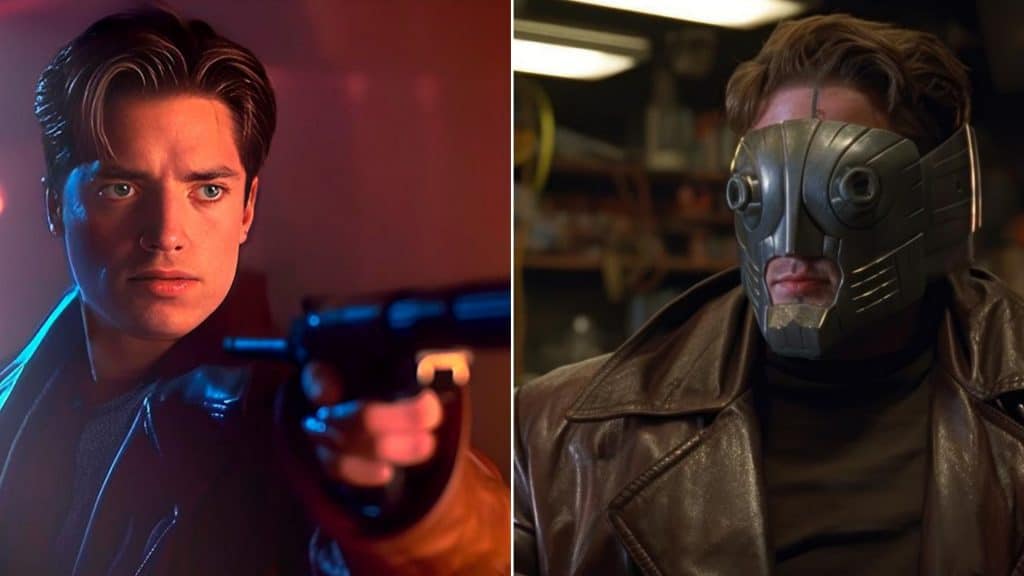 Montagem com imagens de Brendan Fraser no papel de Peter Quill nos Vingadores dos anos 90