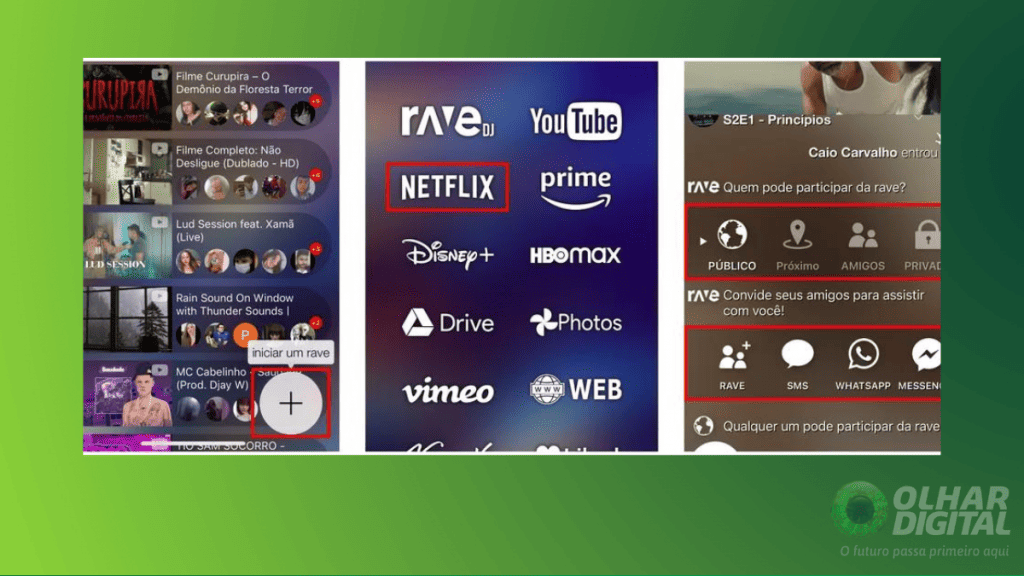 Imagem mostrando as telas de Rave dentro do Smartphone