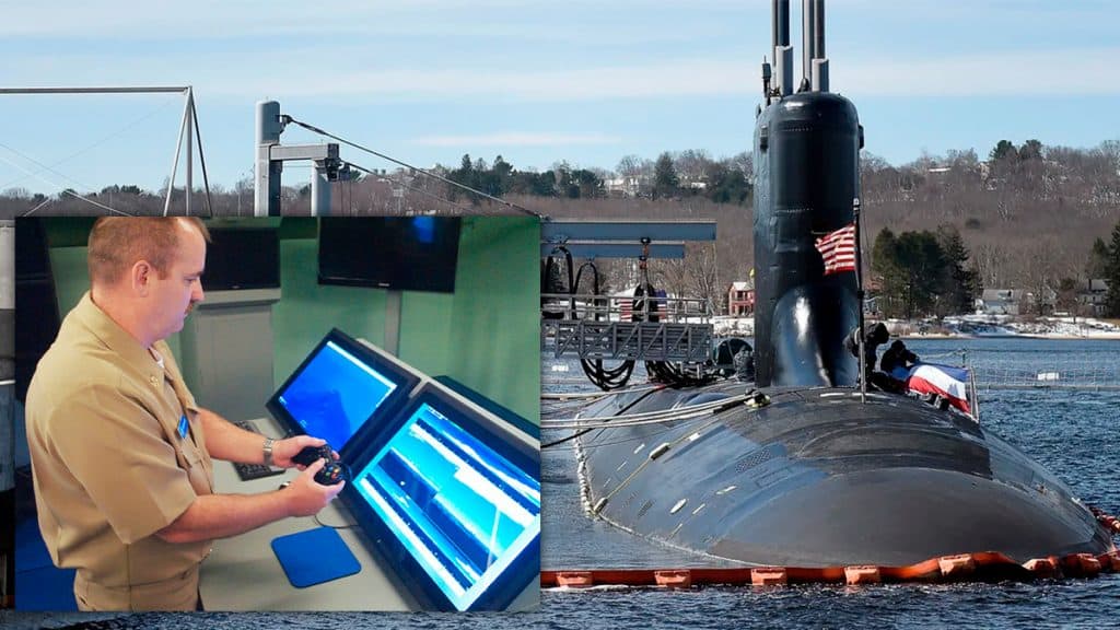 Montagem de fotos de submarino e militar dos Estados Unidos usando controle de Xbox 360 para controlar embarcação
