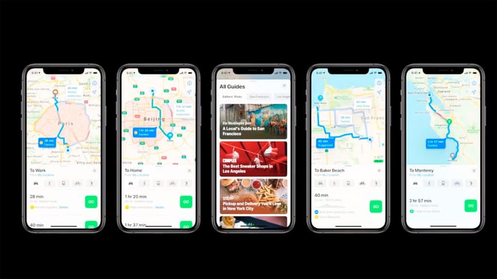 Montagem com iPhones exibindo telas diferentes do Mapas da Apple
