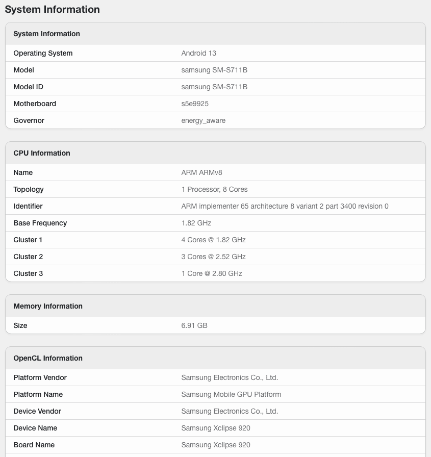 Suposto Galaxy S23 FE aparece no Geekbench (Imagem: reprodução/Geekbench)