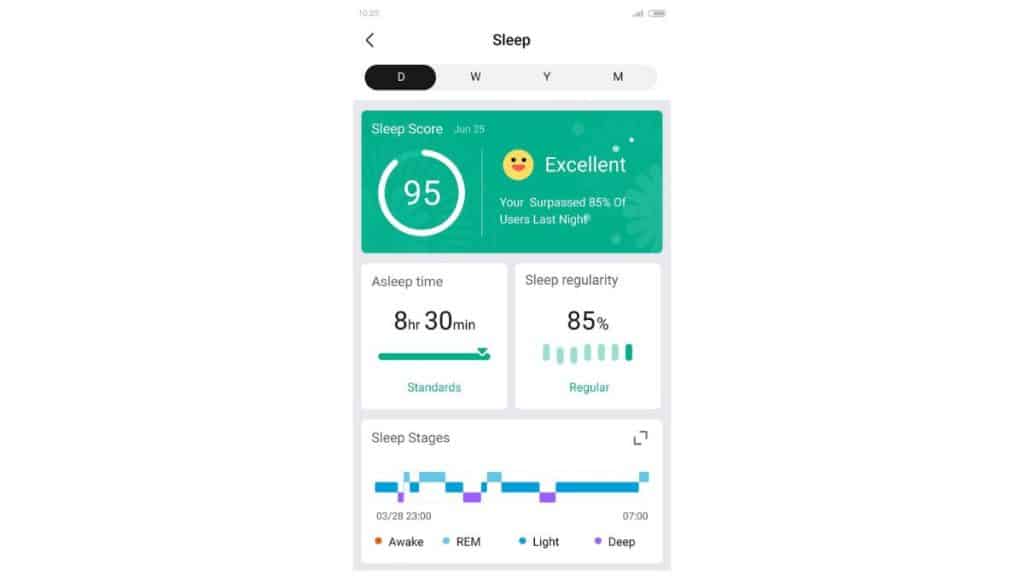 Priint da tela de horas de sono do app Zepp