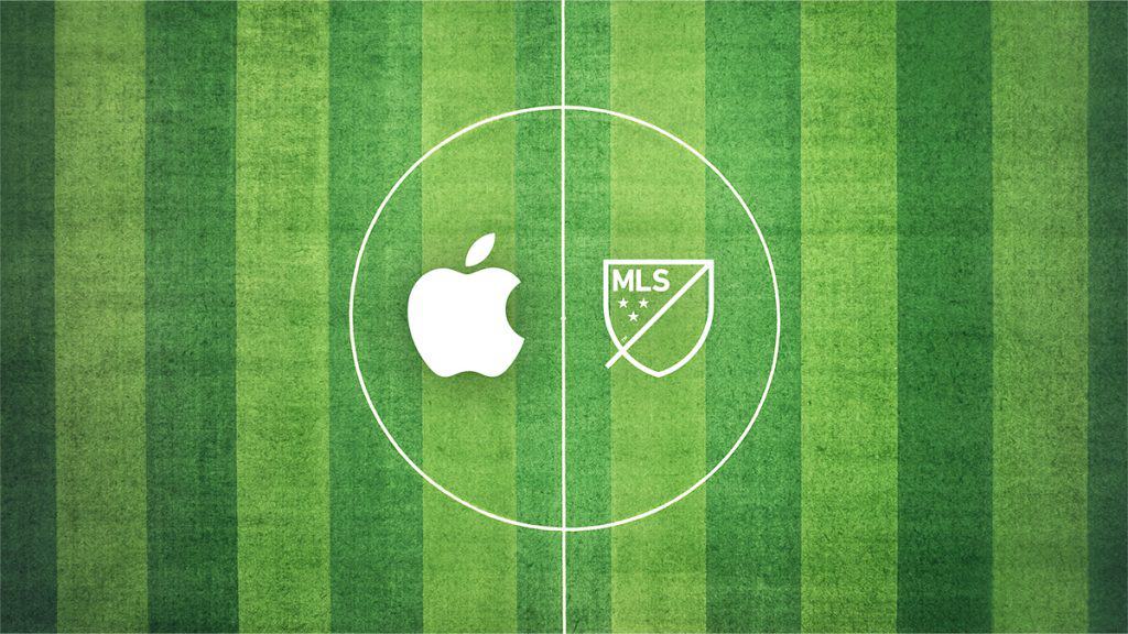 Ilustração de campo de futebol com logomarcas da Apple e da MLS