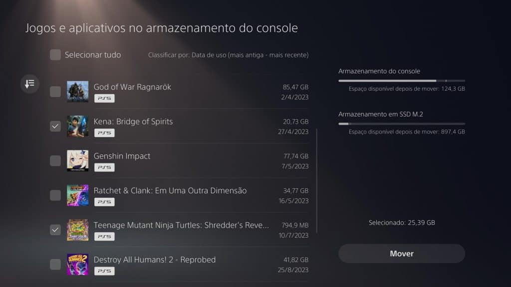 Movendo jogos para o SSD no PS5 (Imagem: reprodução/Olhar Digital)