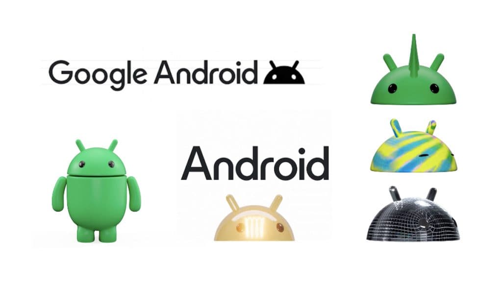 Montagem com logotipos e bonecos do Android