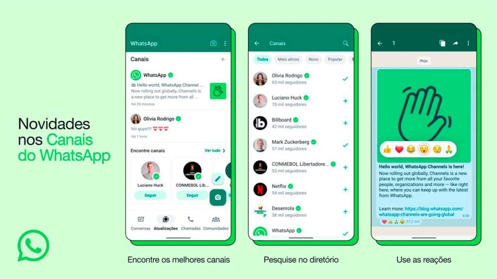 Montagem com telas de Canais do WhatsApp
