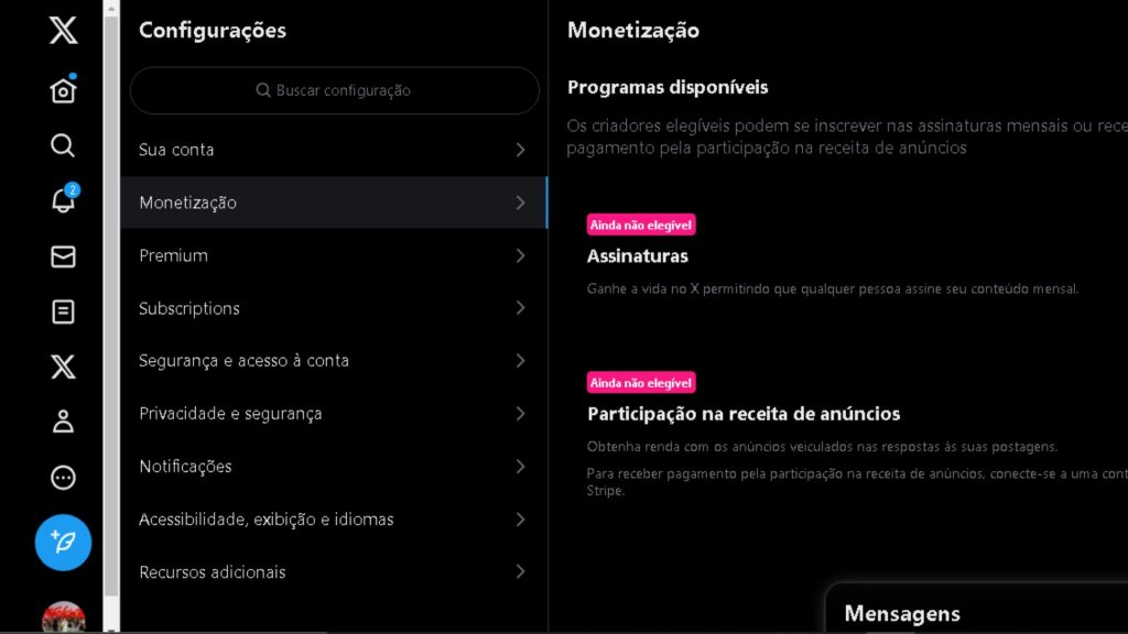 Imagem mostrando a área de monetização do Twitter