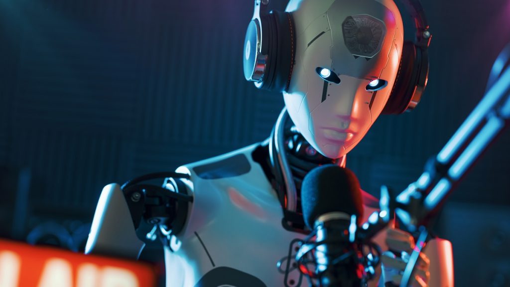 Robô humanoide em estúdio de gravação usando headphone de frente para um microfone