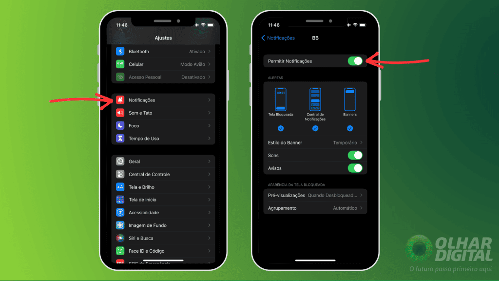 Como ligar as notificações do banco no iPhone: toque em Ajustes > Notificações > nome do banco > Permitir Notificações;