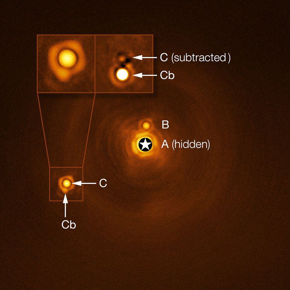 Imagem do sistema estelar HIP 81208, a estrela A é a maior do sistema, B é a anã marrom, C a estrela pequena e Cb o novo exoplaneta (Credito: ESO/ A. Chomez et al.)