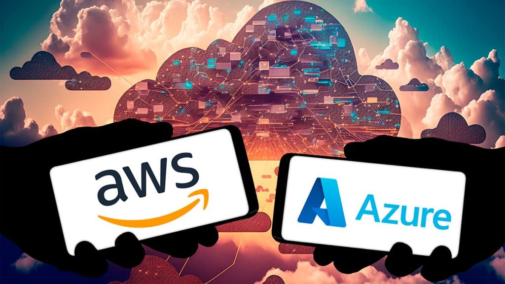 Montagem de pessoas segurando celulares com logotipos do Amazon AWS e Microsoft Azure com ilustração de computação em nuvem ao fundo