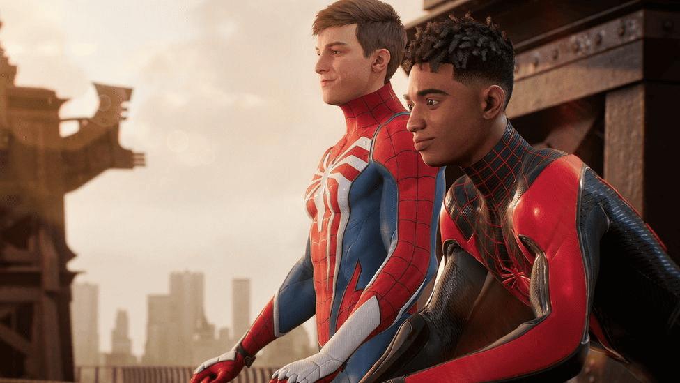 Peter e Miles com trajes de homem aranha no jogo Spider-Man 2