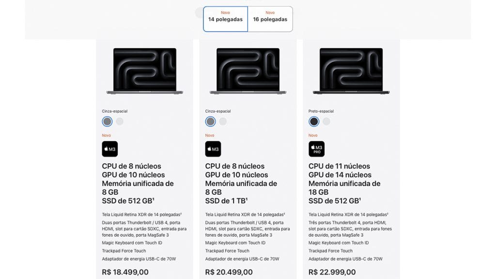 Captura de tela de comparativo entre modelos de MacBook Pro com M3 no site da Apple