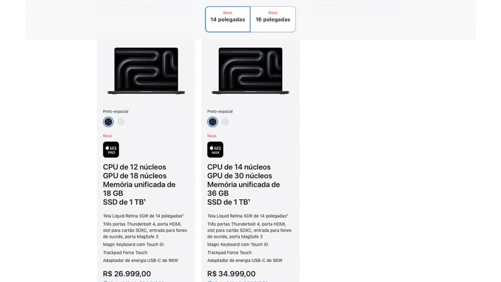Captura de tela de comparativo entre modelos de MacBook Pro com M3 no site da Apple