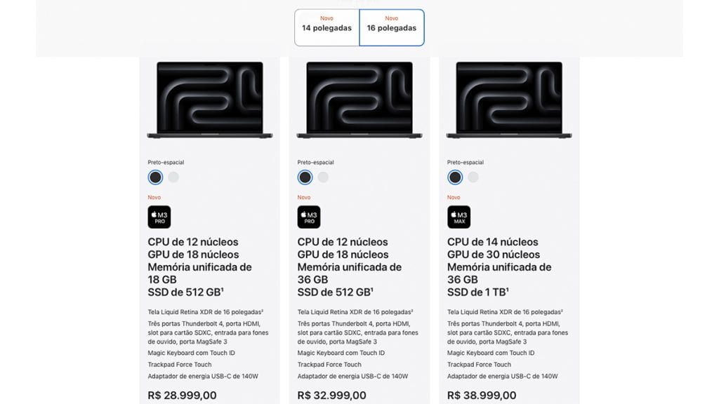 Captura de tela de comparativo entre modelos de MacBook Pro com M3 no site da Apple