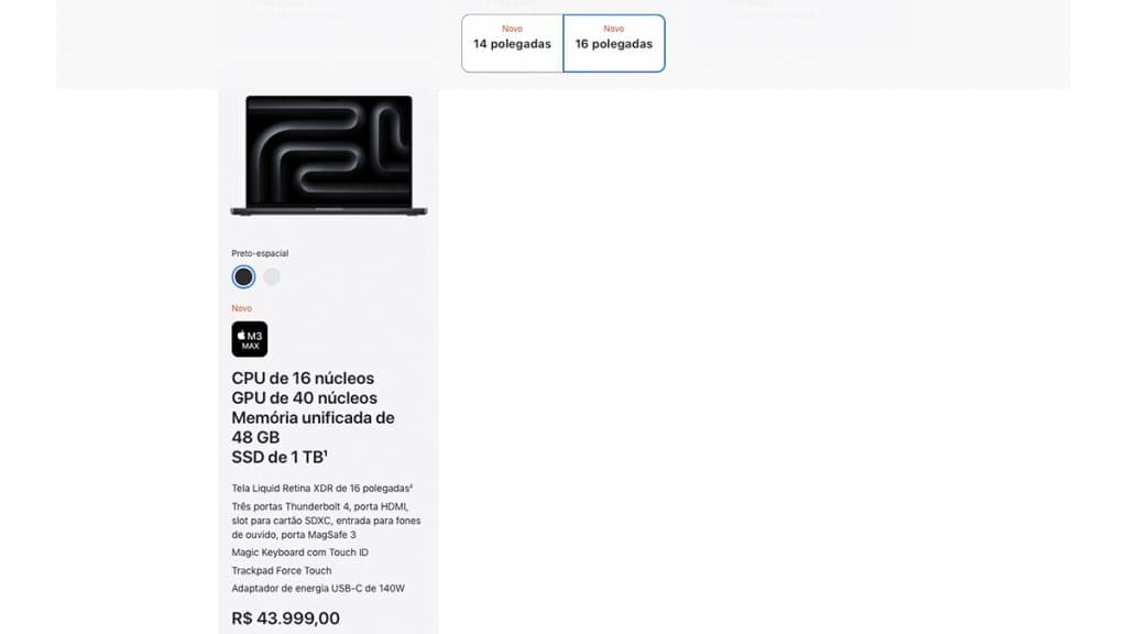 Captura de tela de comparativo entre modelos de MacBook Pro com M3 no site da Apple