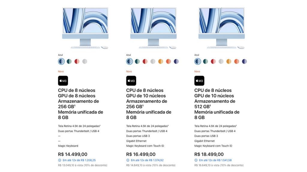 Captura de tela de comparativo entre modelos de iMac com M3 no site da Apple