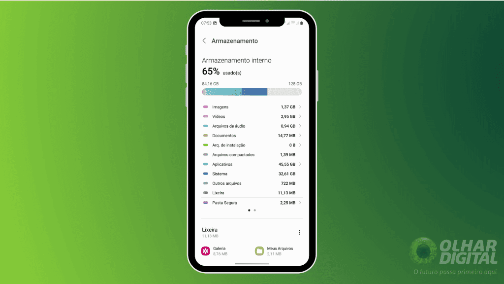 8 truques para testar no celular Android que está lento Se o seu celular Android anda lento, você sabe como tarefas simples, como abrir apps ou navegar na internet, podem se tornar irritantes. Porém, antes de pensar em trocar de aparelho, é possível melhorar o desempenho com alguns ajustes simples. Verifique os arquivos salvos no seu celular (Imagem: Reprodução/Olhar Digital)