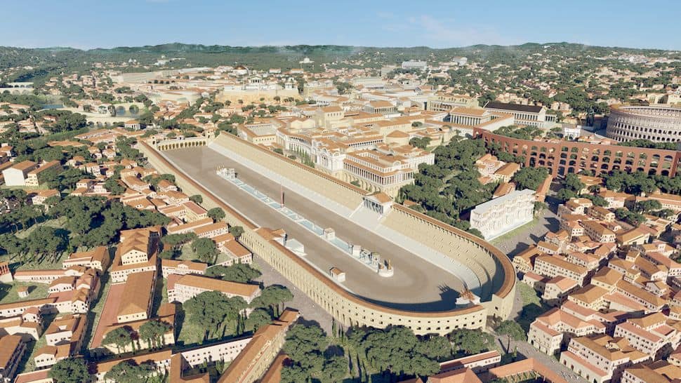 No meio está o autódromo Circus Maximus e o Coliseu à direita 