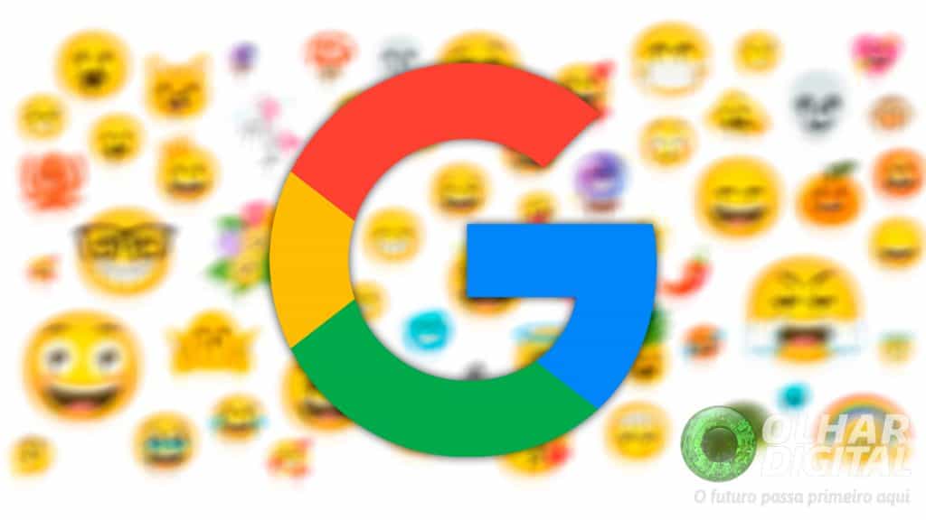 Logotipo do Google com emojis da Emoji Kitchen ao fundo