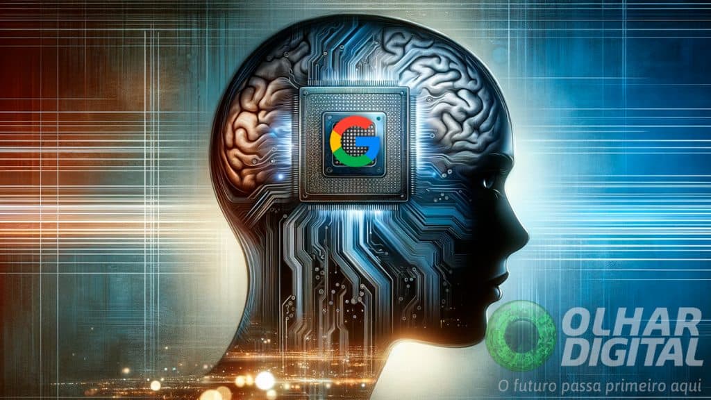Silhueta de pessoa com chip no lugar do cérebro, que também traz logotipo do Google