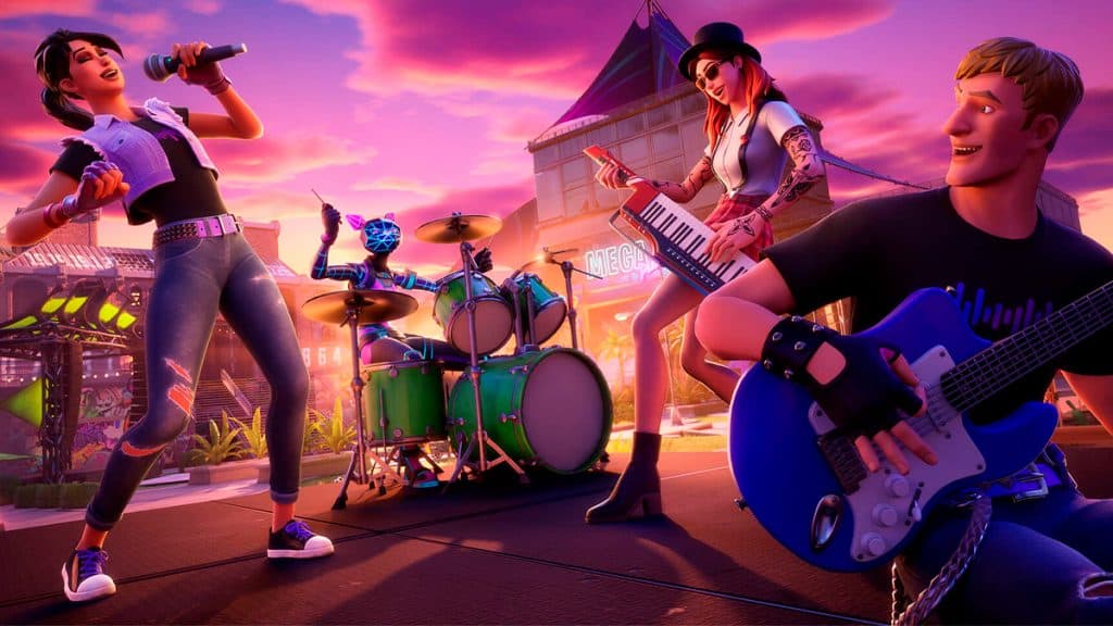 Imagem promocional do Fortnite Festival com personagens tocando instrumentos como se fossem de uma banda de rock