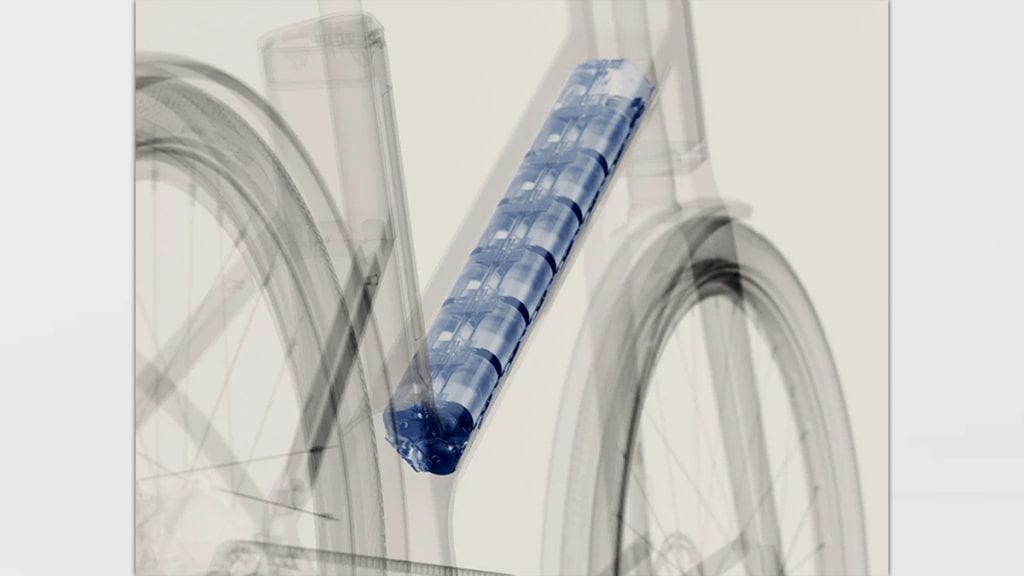 Visão raio-x de bateria da bike elétrica Anod Hybrid