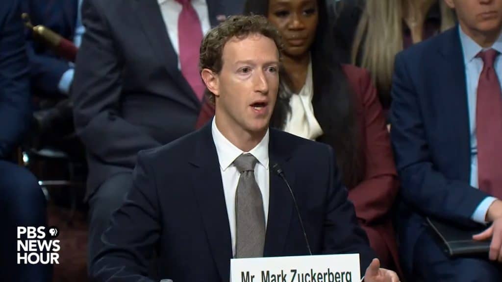 Captura de tela de transmissão ao vivo de testemunho de CEOs de big techs no Senado dos Estados Unidos