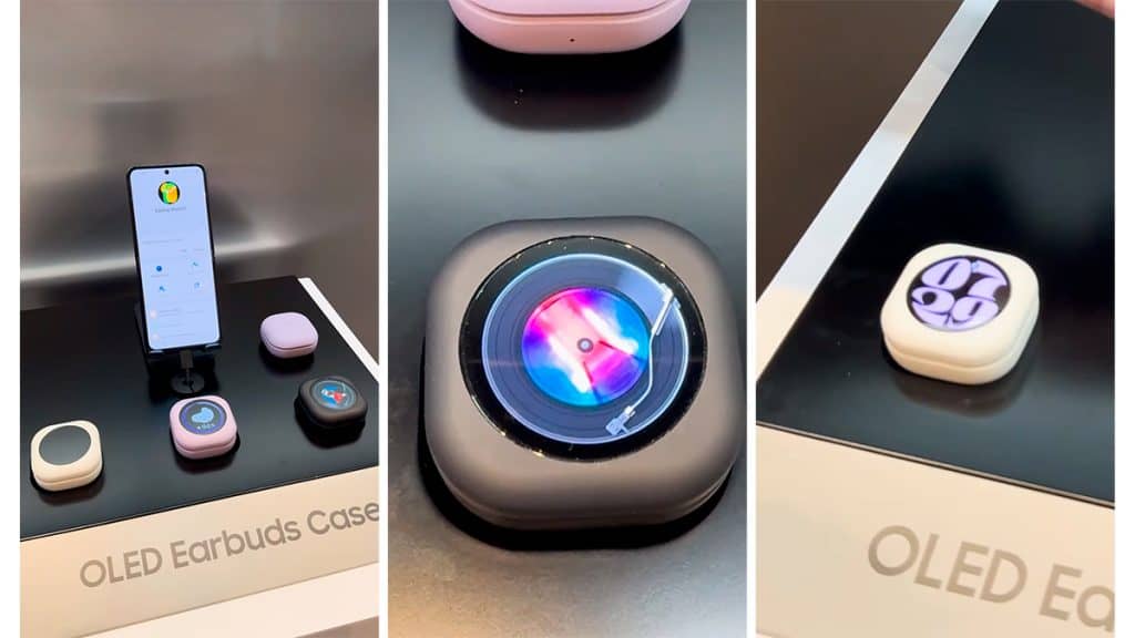 Montagem com imagens de caixinhas de Galaxy Buds com tela